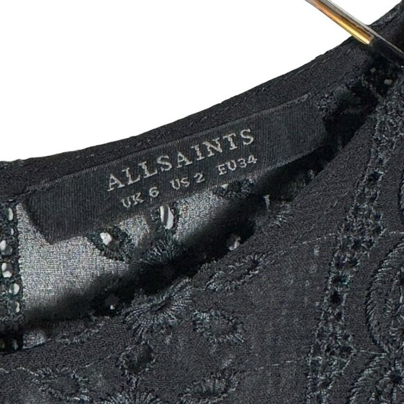 AllSaints Top Womens Dakota Embroidered Eyelet Blouse Sheer Black US size 2 UK 6 - Picture 6 of 10